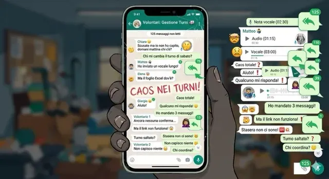 Illustrazione del caos dei turni dei volontari gestiti in un gruppo WhatsApp, con 125 messaggi non letti