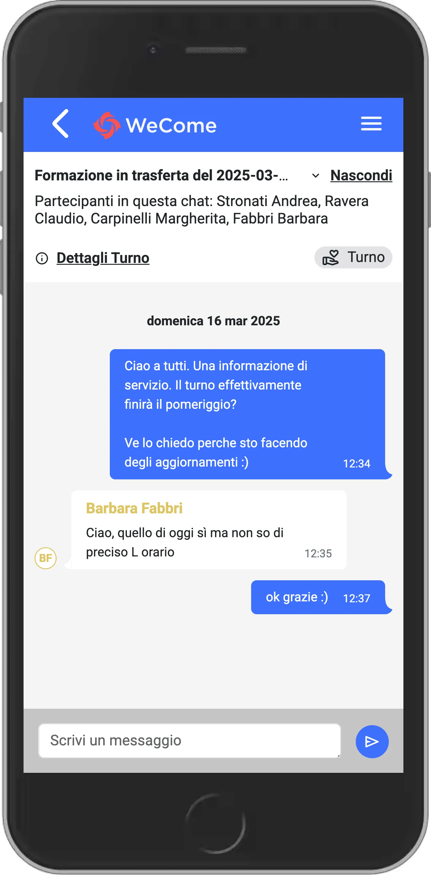 Chat di turno creata automaticamente nell'app WeCome