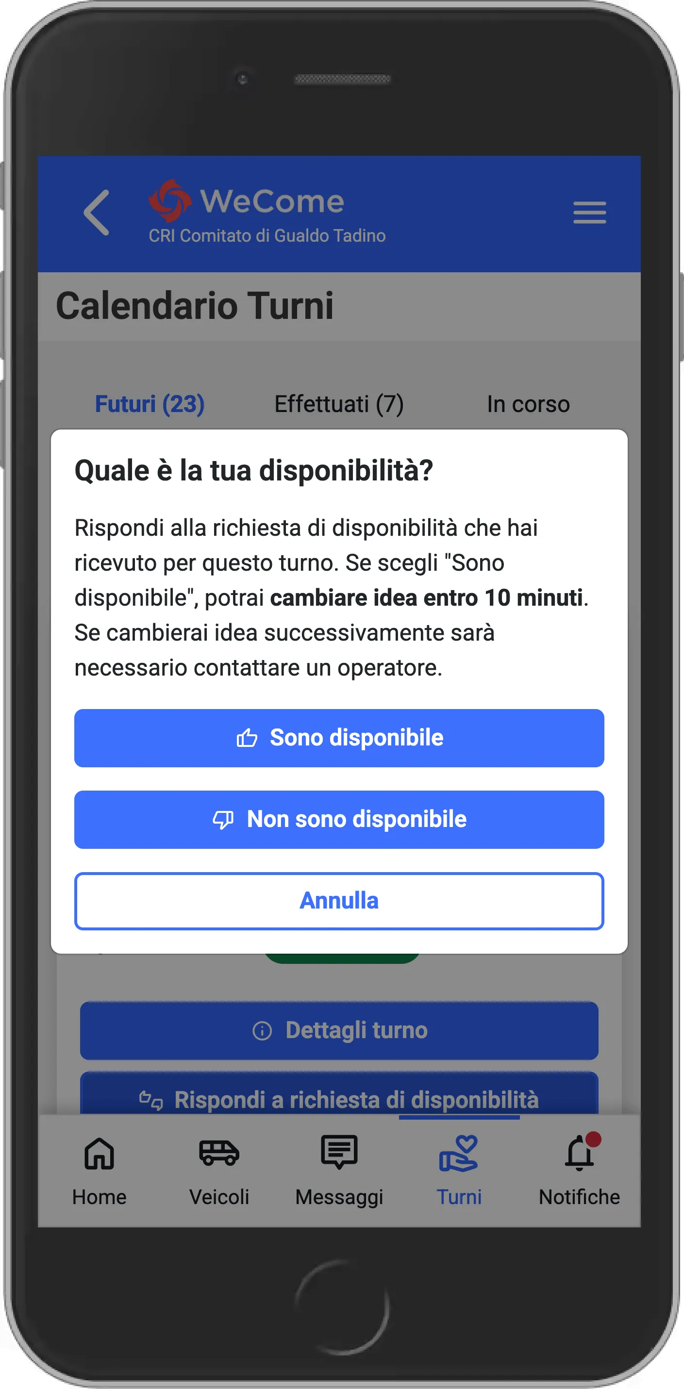Schermata dell'app WeCome per rispondere a una richiesta di disponibilità