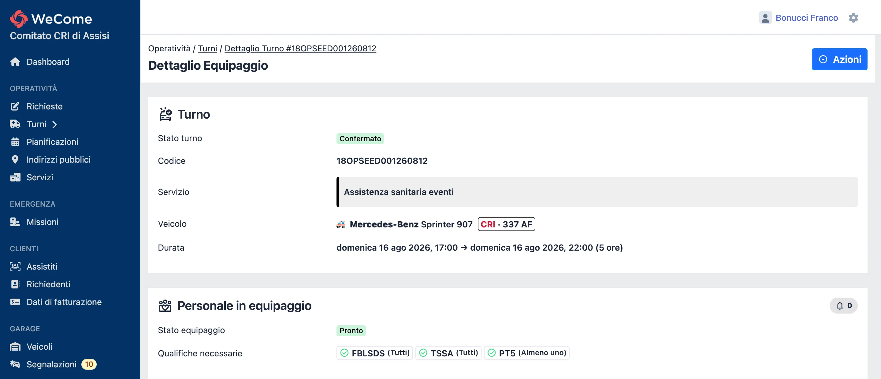 Il dettaglio di un turno in WeCome: stato confermato, servizio, mezzo assegnato, durata e stato dell'equipaggio con le qualifiche richieste