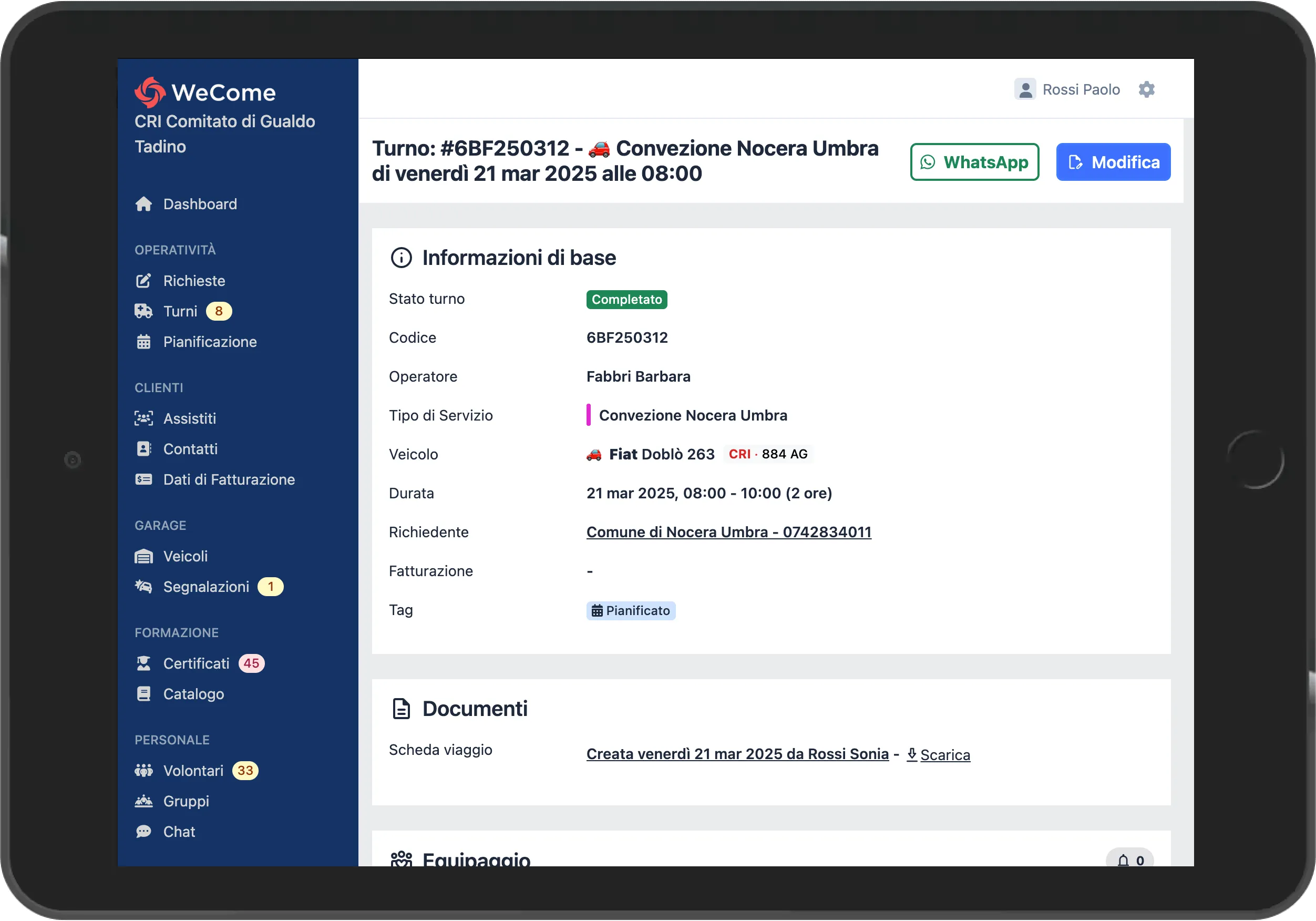 Dettaglio di un turno nel gestionale WeCome su tablet